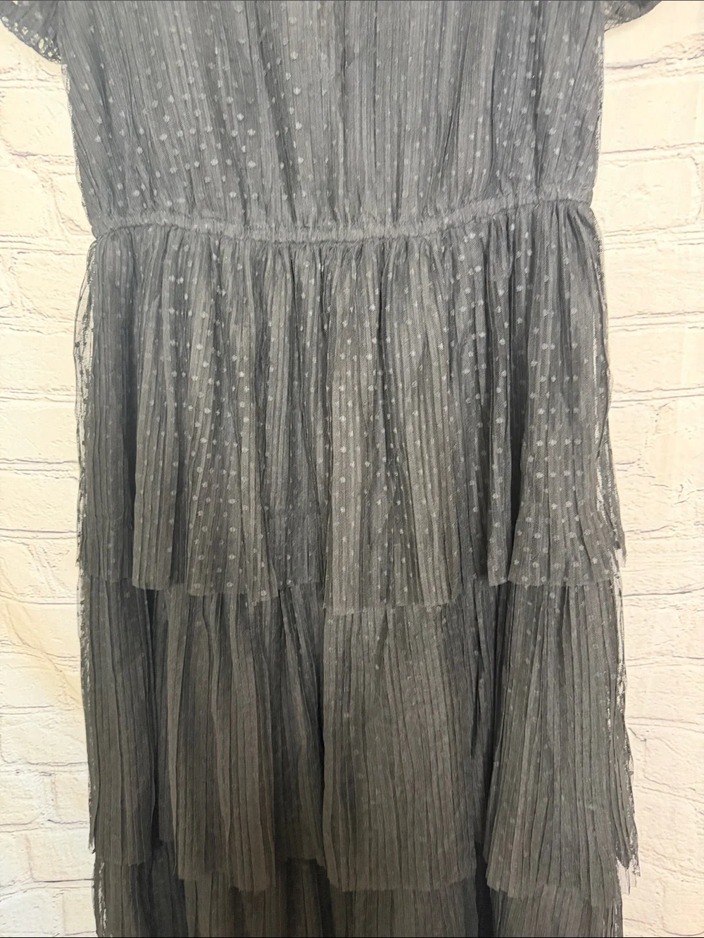 J. Crew Black Sheer Dot Tiered Midi Dress with Puff Sleeves Size 8